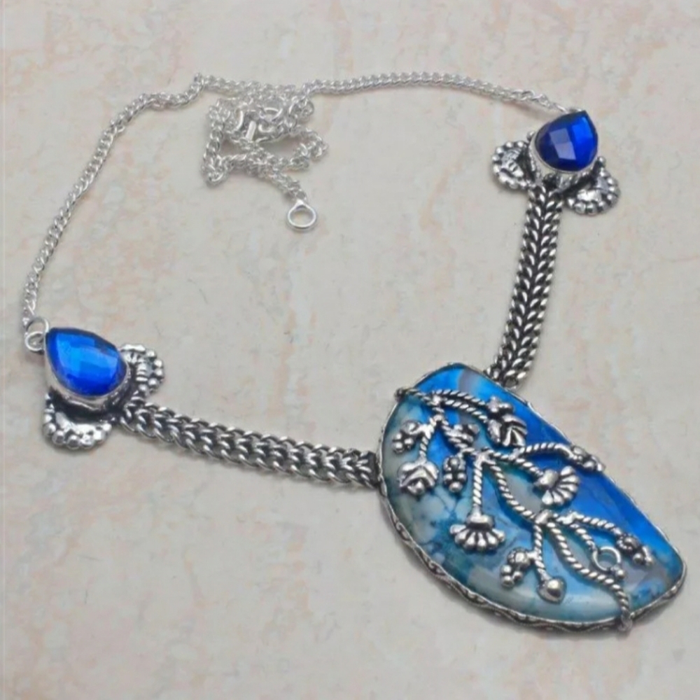New Dyed Dendritic Opal and Rainbow Mystic Topaz Silver Necklace.